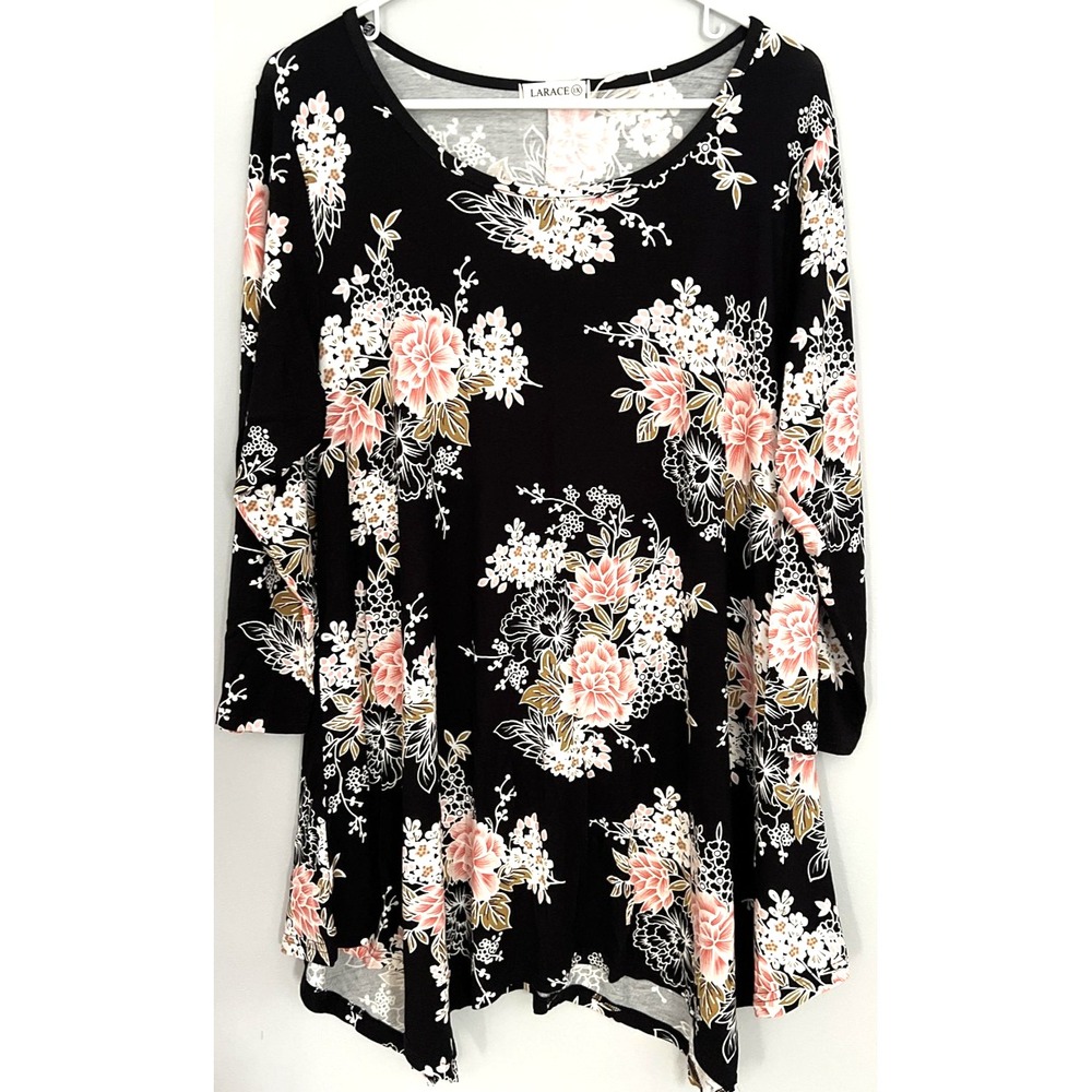 Larace Tunic‎ Shirt Womens 2XL Black Floral Plus Size Long Sleeve Swing Top NWT